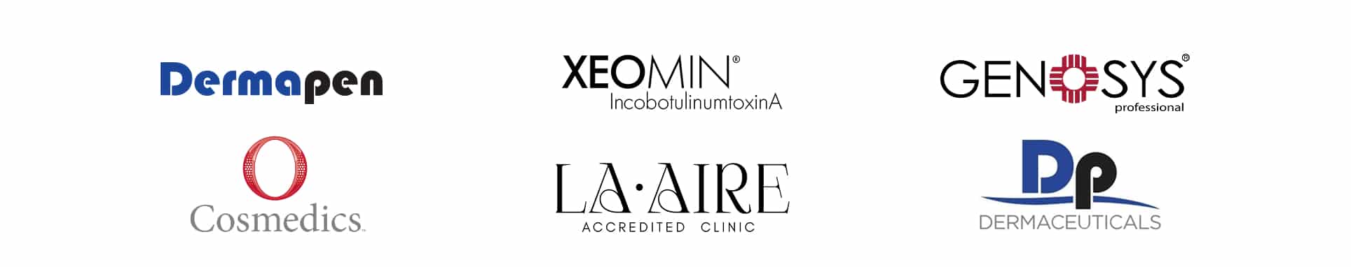 Dermapen, Xeomin, Genosys, DP Dermaceuticals, O Cosmedics, and L’AIRE clinic logos displayed in a grid layout.