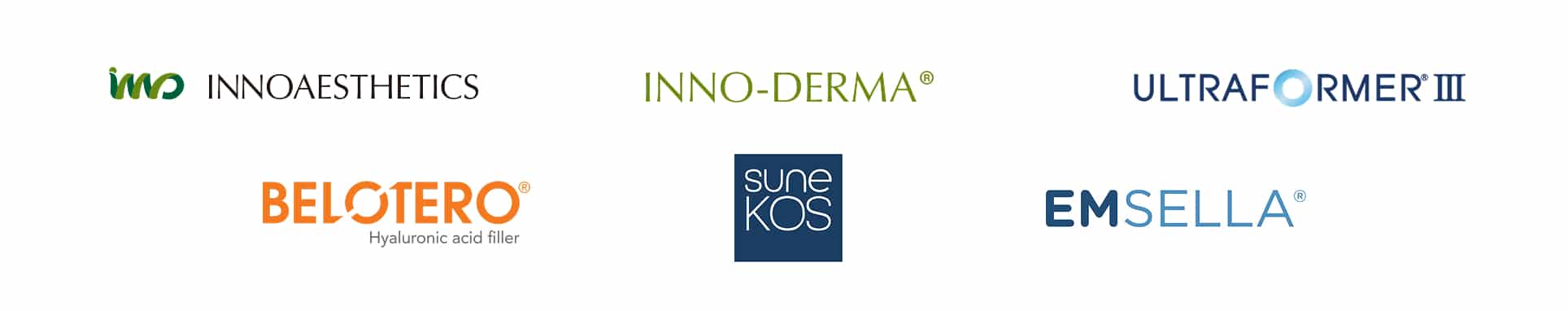 Professional aesthetic partner logos including Innoaesthetics, Inno-Derma, Belotero, Sunekos, Ultraformer III and Emsella