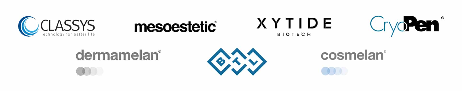 Partner logos for Classys, mesoestetic, Xytide Biotech, CryoPen, Dermamelan, BTL, and Cosmelan