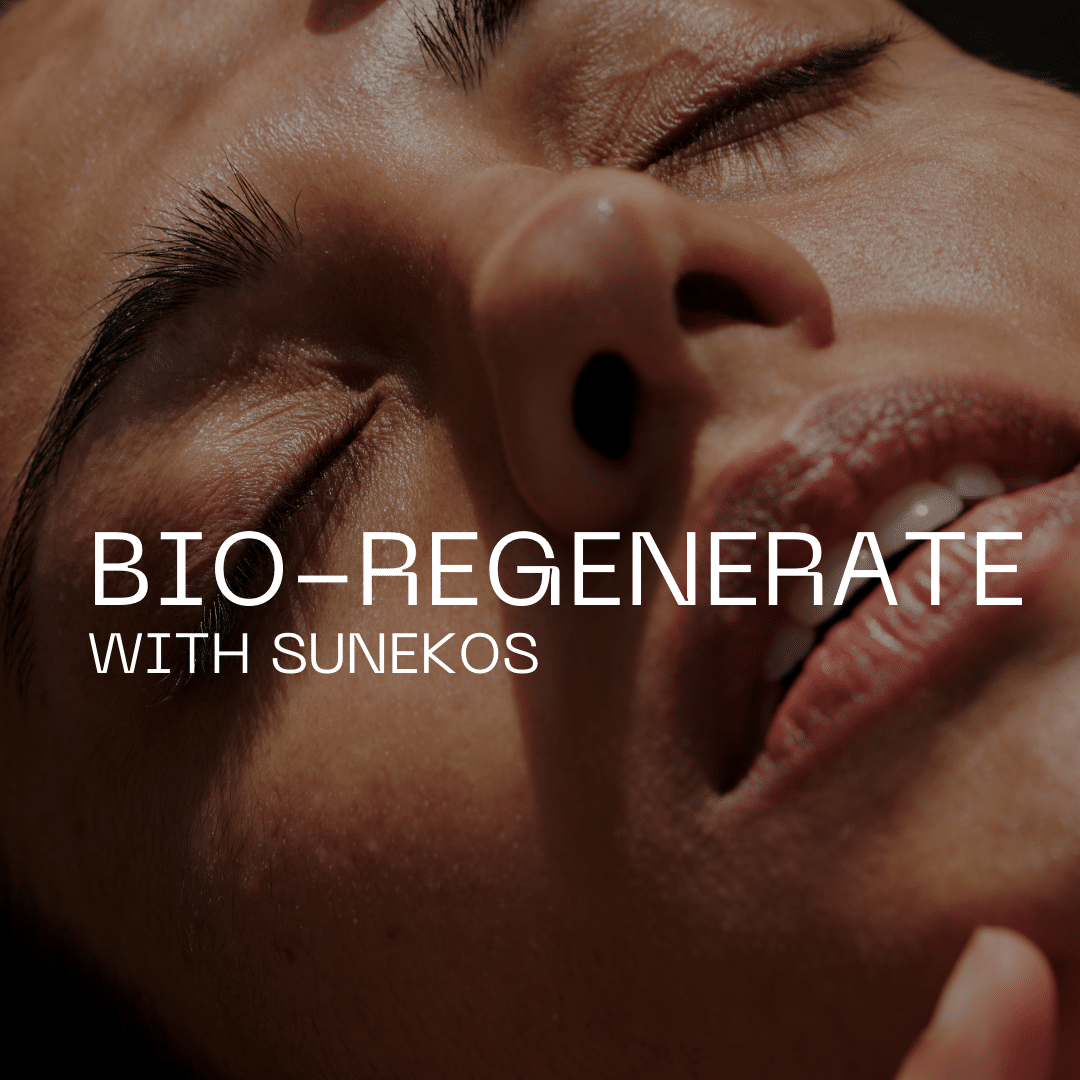 Close-up facial image with the text Bio Regenerate With Sunekos promoting skin regeneration treatment.