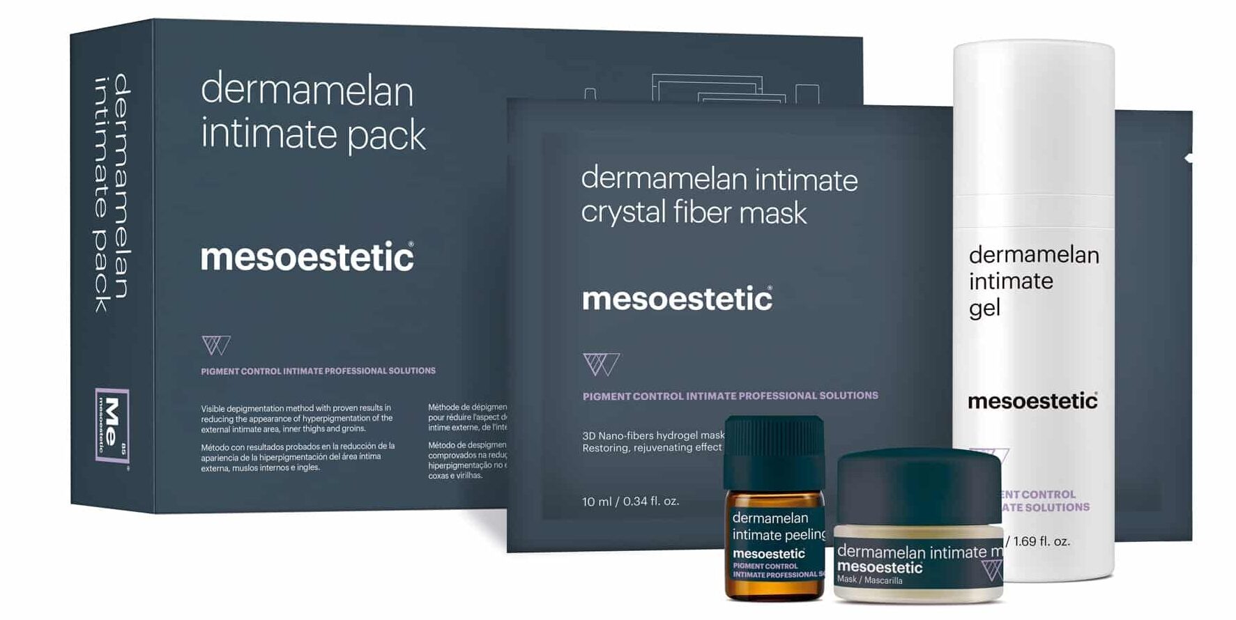Dermamelan Intimate Pack by Mesoestetic showing full professional depigmentation kit including peeling mask crystal fiber mask and intimate gel