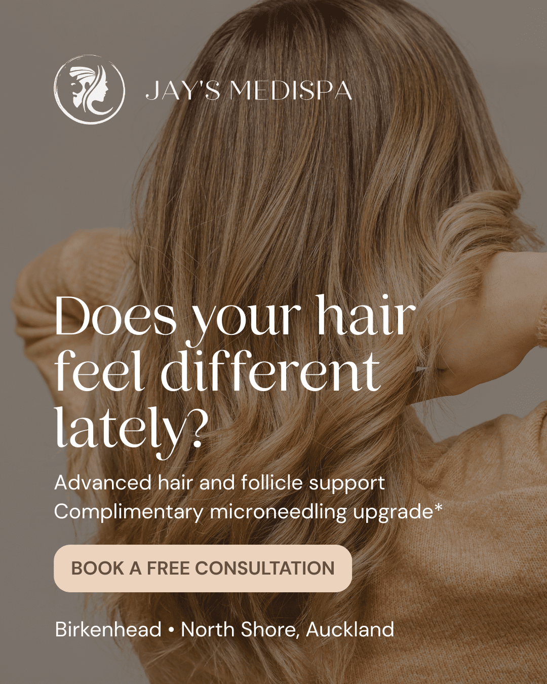 Woman with long healthy hair representing PRP hair restoration and follicle support treatment at Jay's Medispa in Birkenhead Auckland